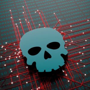 Illustration of a skull on a digital background to represent a cyber attack