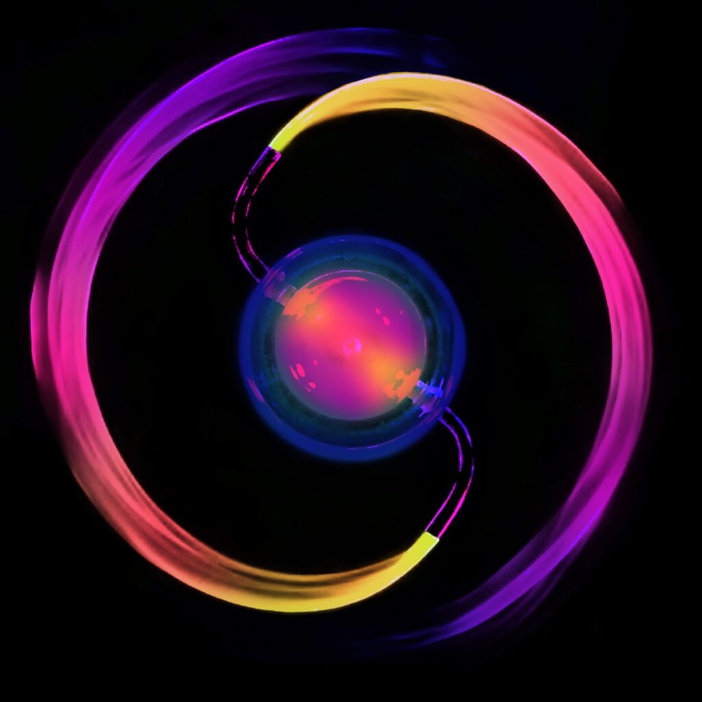 the jet-like flows of water emitted by the forward sprinkler, as visualized using dye and false colored.