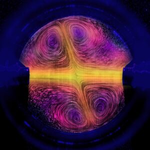 flows coming into the reverse sprinkler, as visualized using particles and false colored.