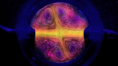 flows coming into the reverse sprinkler, as visualized using particles and false colored.