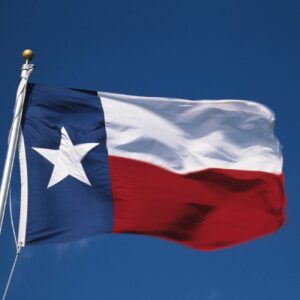 A Texas state flag blowing in the wind with the sky in the background