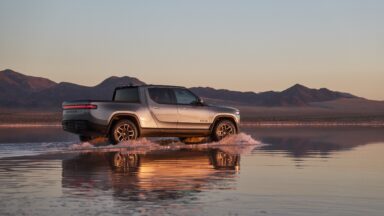 A silver Rivian truck