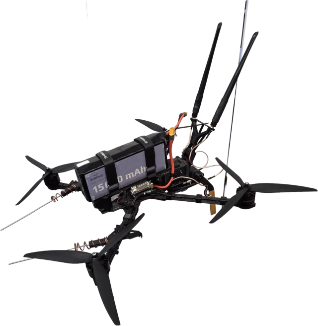 Close-up image of a Shrike quadcopter drone made by the Ukrainian company SkyFall.