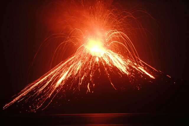 Lava streams down from Anak Krakatau (Child of Krakatoa) volcano during an eruption as seen from Rakata island in South Lampung on July 19, 2018.