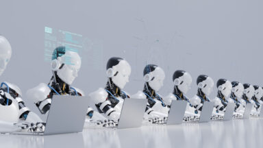 Digital generated image of multiple robots working on laptops siting in a row.