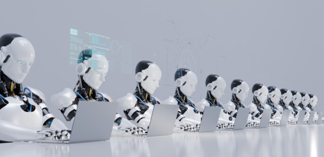 Digital generated image of multiple robots working on laptops siting in a row.