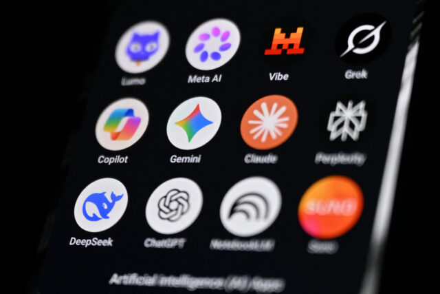 FRANCE-TECHNOLOGY-ECONOMY-AI This photograph shows a handheld smartphone displaying the icons of some of the main artificial intelligence based apps, including LLMs, chatbots and generative AI, with logos (from L) of Proton AG's Lumo, Meta AI, Mistral Vibe (formerly Le Chat), xAI's Grok, Microsoft's Copilot, Google's Gemini, Anthropic's Claude, Perplexity, Deepseek, OpenAI's Chat GPT, Google's Notebook LLM and generative AI music app Suno, in Saint-Mande, east of Paris, on July 15, 2026. (Photo by Martin LELIEVRE / AFP via Getty Images)