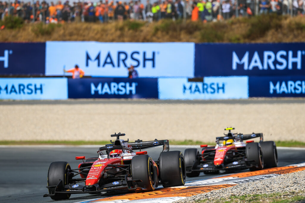 ZANDVOORT, NETHERLANDS - AUGUST 23: Lewis Hamilton of Great Britain driving the (44) Ferrari SF-26 on track with Charles Leclerc of Monaco driving the (16) Ferrari SF-26 on track during the F1 Grand Prix of Netherlands at Circuit Zandvoort on August 23, 2026 in Zandvoort, Netherlands. (Photo by Kym Illman/Getty Images)