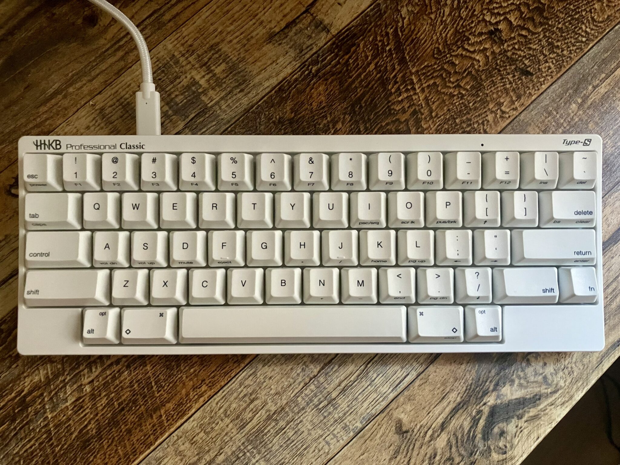 HHKB’s Professional Classic Type-S on a wooden table.