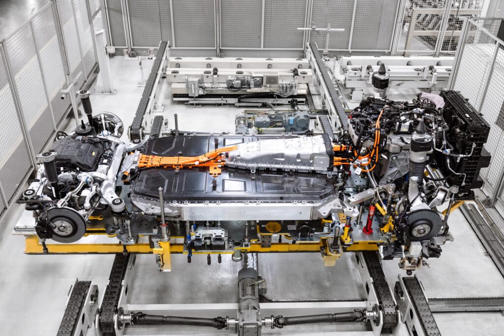 An electric Range Rover chassis and battery pack