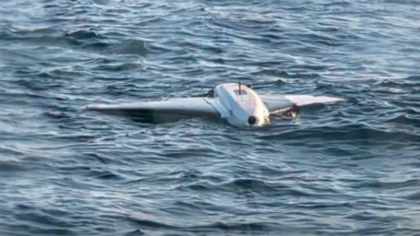 A Gerbera-type drone of Russian design was destroyed after being discovered floating near Romania's largest natural gas project. The drone is seen floating in the waters of the Black Sea.