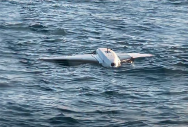 A Gerbera-type drone of Russian design was destroyed after being discovered floating near Romania's largest natural gas project. The drone is seen floating in the waters of the Black Sea.