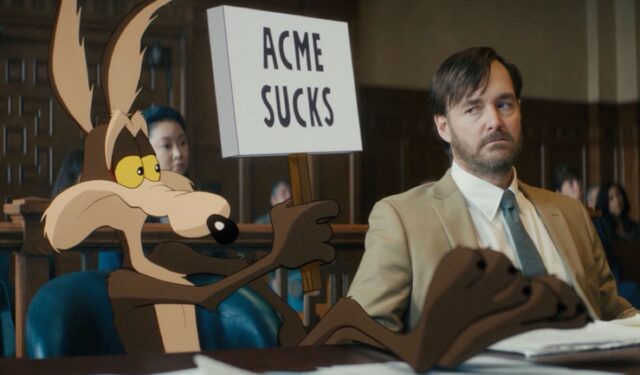 coyote in a courtroom holding up sign reading 