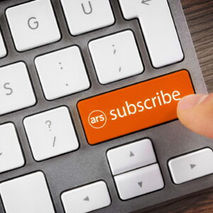 Photo of a computer keyboard with an orange enter key that says Subscribe with an Ars Technica logo