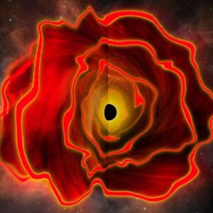 artist's representation of a “black hole star,” an extremely bright red spot in the early universe.