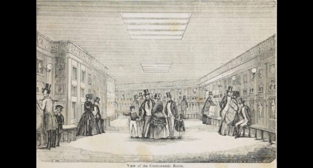 drawing of an exhibit room filled with cosmoramas