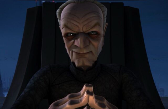 cartoon closeup of evil Star Wars emperor Palpatine sitting on a throne