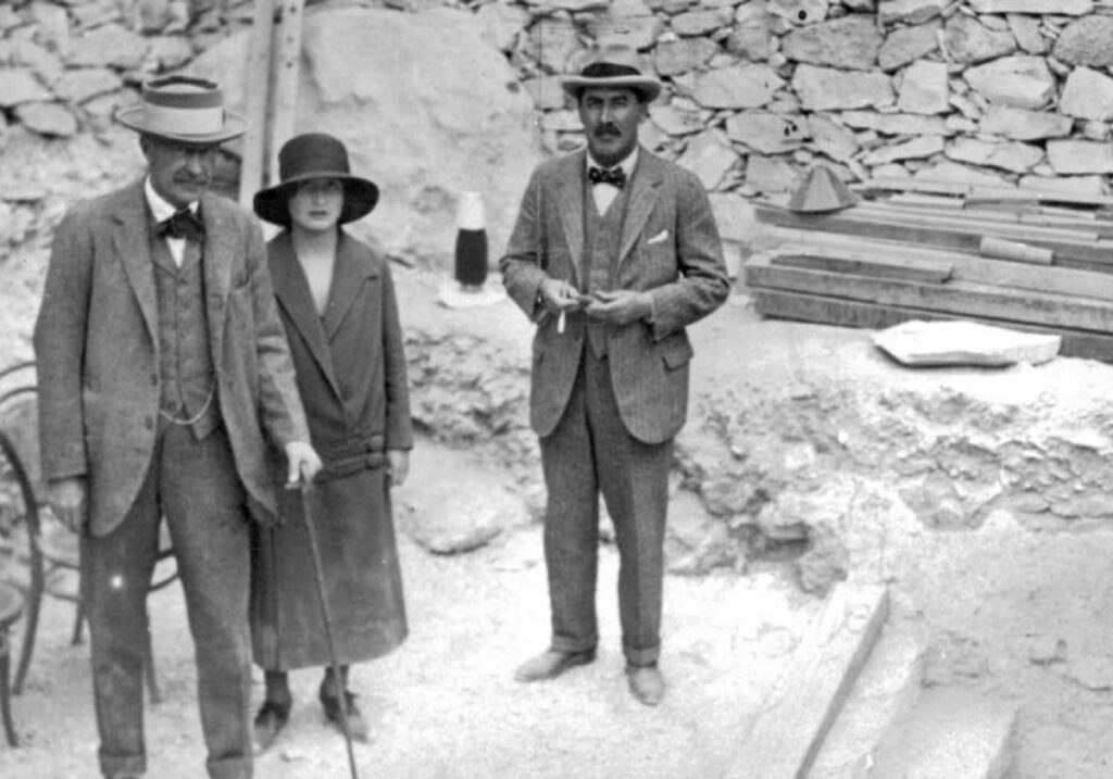 Lord Carnarvon, his daughter, Lady Evelyn Herbert, and Howard Carter at the top of the steps leading to the newly discovered tomb of Tutankhamun, November 1922