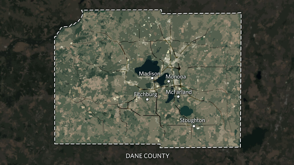 A map of Dane County, Wisconsin.