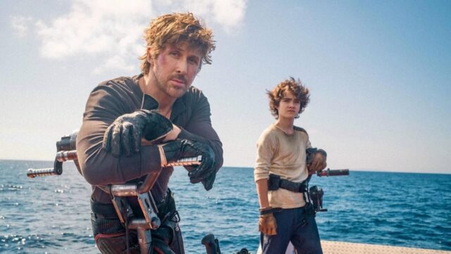 scruffy young man and a young boy on a futuristic watercraft