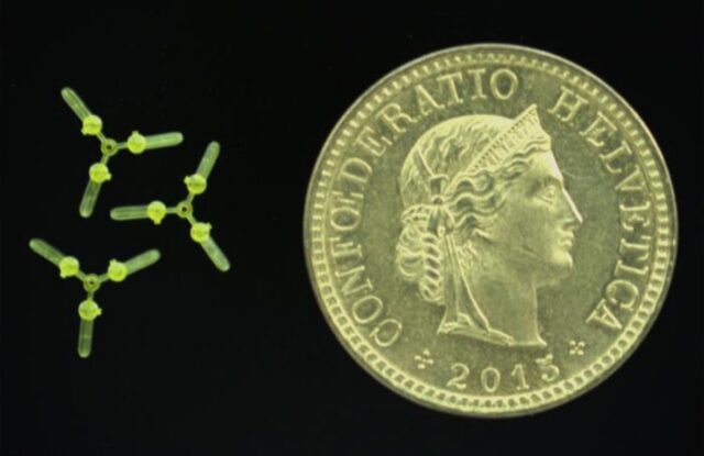 The MicroBioRobotic Systems Lab's microfliers compared to a coin of roughly the same size