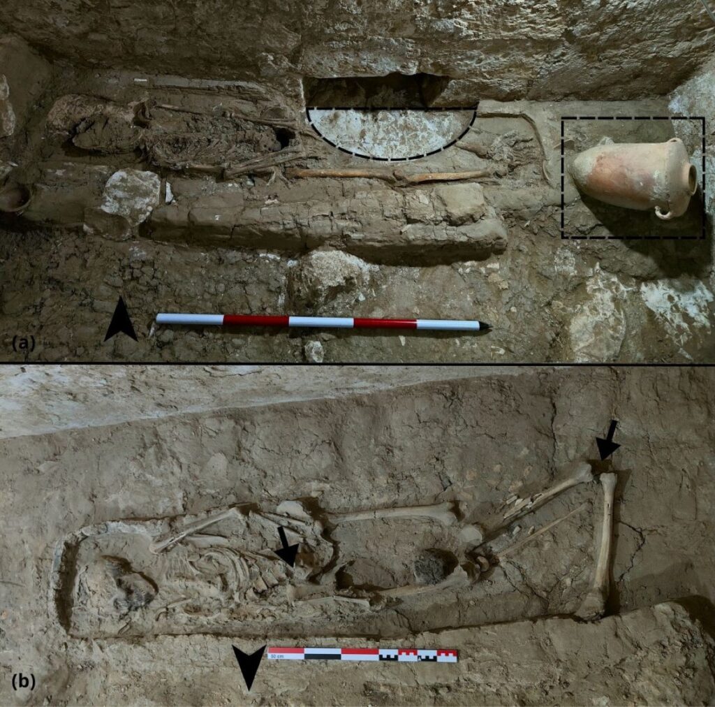 Evidence of disturbance and displacement affecting two mummified individuals in side Chamber 3