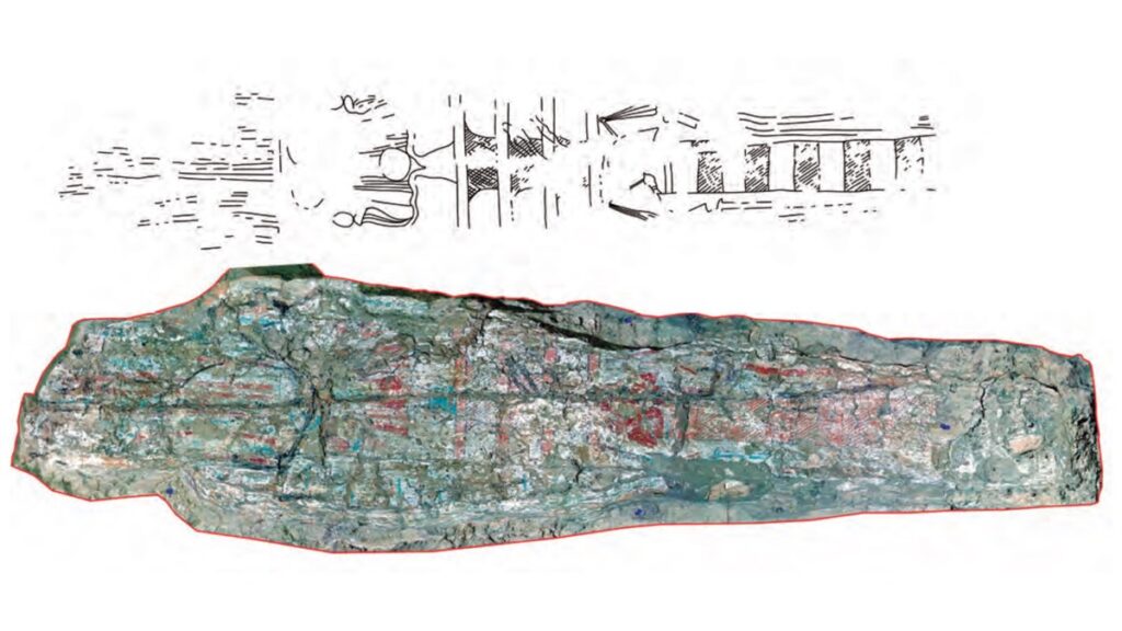 Preserved painted decoration showing an Osirian djed pillar on the outer side of the floorboard of the outer box of Coffin 3.