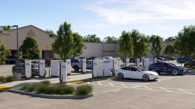 A row of EVgo Tesla superchargers.