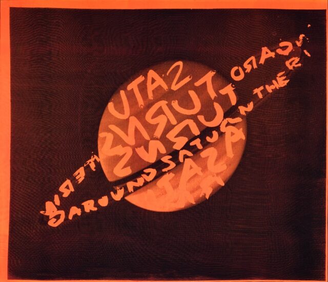 A swath of fabric with a bright orange Saturn covered in black graffiti designed by Stephen Sprouse, 1984-1985.