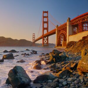 macOS Golden Gate default wallpaper, the Golden Gate Bridge at sunset