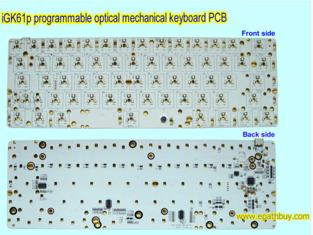 The front and back of a PCB for building an optical mechanical keyboard.