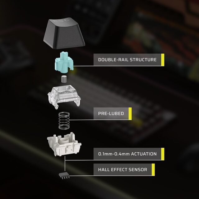 An exploded view of a Corsair MGX Hall-effect keyboard switch on a black background
