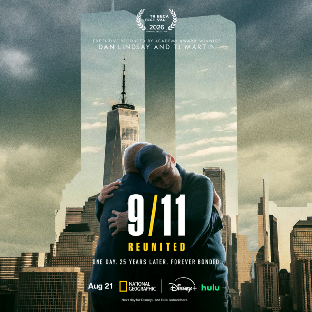 poster art for 9/11 documentary showing two survivors embracing against a ghostly image of the twin towers