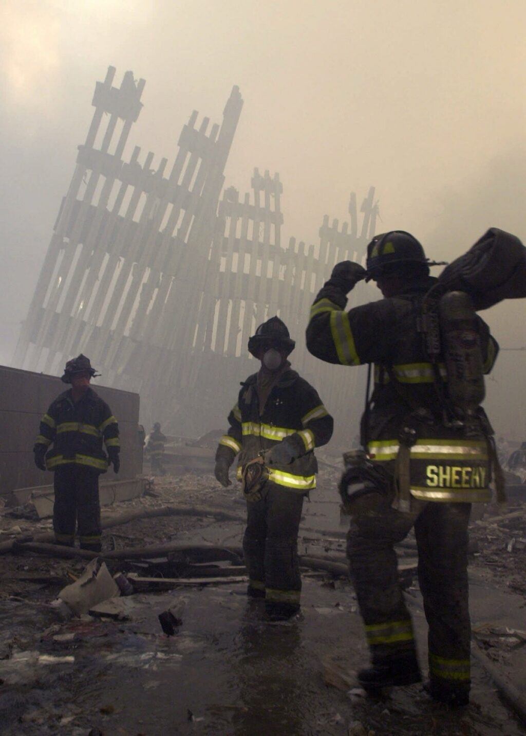Firemen are deployed near the site of the World Trade Center