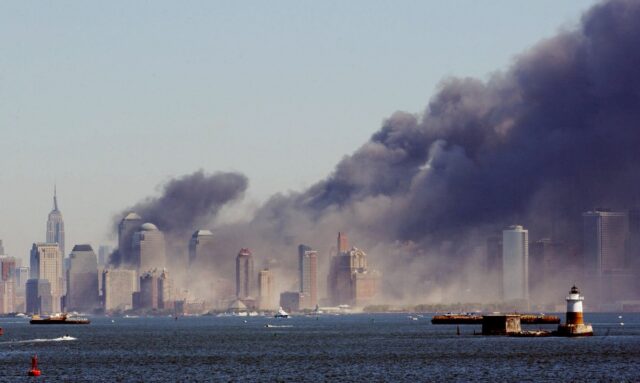 Smoke billows from lower Manhattan on September 11, 2001.