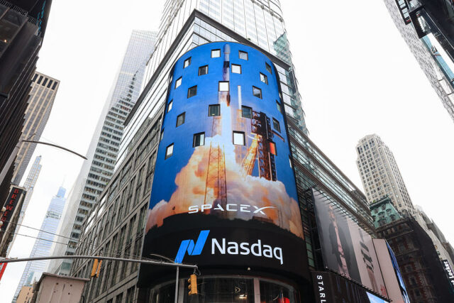 A view of the Nasdaq MarketSite after SpaceX company executives rang the opening bell to celebrate the launch of SpaceX