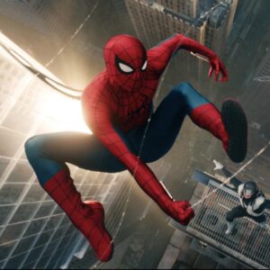 spiderman slinging through the air via his webbing, high above the city streets