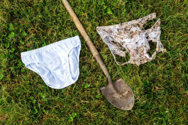A new pair of cotton underwear, a pair that's partially buried in the ground, and a shovel lying between them in the grass.