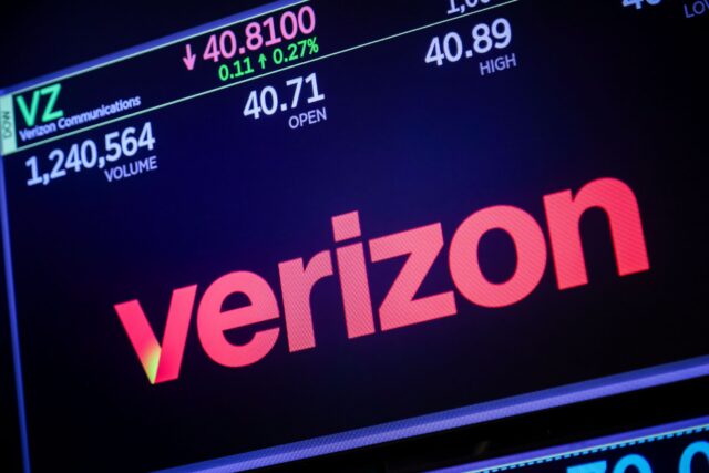 Verizon logo on a screen displaying its stock price
