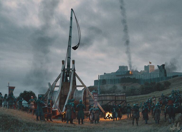 painting of a large trebuchet flinging a burning projectile at a castle