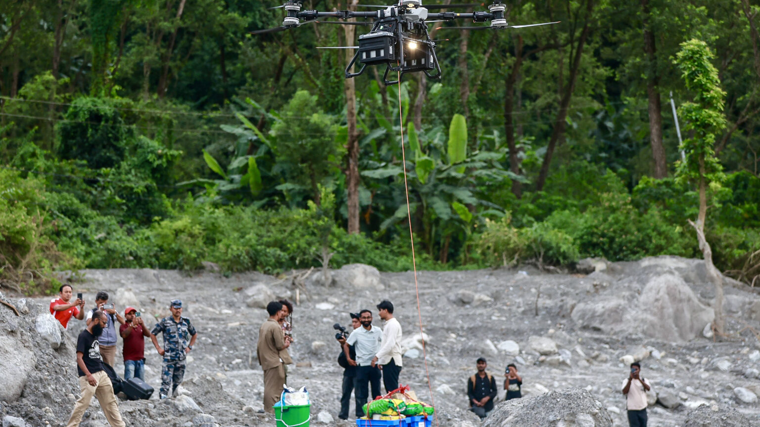 A drone carrying relief supplies to a flood-affected area takes off in Trishuli, Nepal's Nuwakot district, on September 4, 2026.