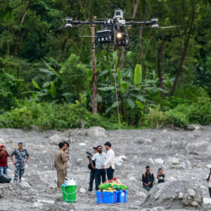 A drone carrying relief supplies to a flood-affected area takes off in Trishuli, Nepal's Nuwakot district, on September 4, 2026.