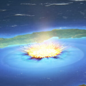Illustration of an impact occurring offshore as seen from high in the atmosphere.