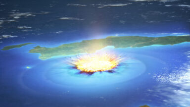Illustration of an impact occurring offshore as seen from high in the atmosphere.