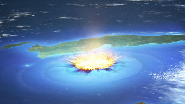 Illustration of an impact occurring offshore as seen from high in the atmosphere.