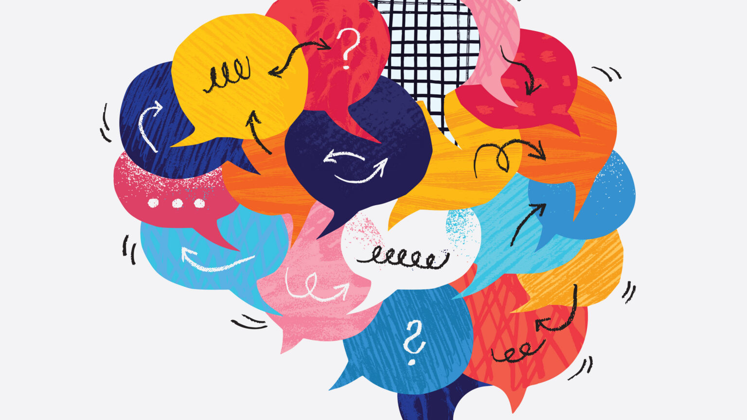 Montage vector illustration composed from paper cut out speech bubbles and hand made textures and doodles. Speech bubbles forming the shape of brain. Communicat