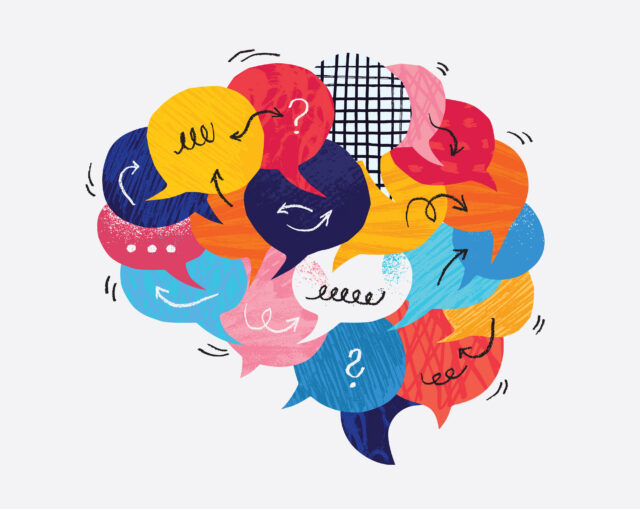 Montage vector illustration composed from paper cut out speech bubbles and hand made textures and doodles. Speech bubbles forming the shape of brain. Communication concept. Illustration works very nice also on dark backgrounds. Each speech bubble is isolated as a single object.