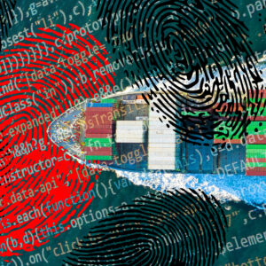 A concept illustration that overlays biometric fingerprints, computer code text, and a cargo shipping port with stacked containers.