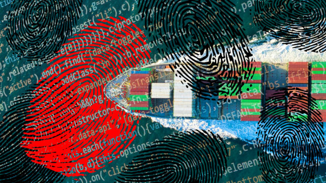 A concept illustration that overlays biometric fingerprints, computer code text, and a cargo shipping port with stacked containers.