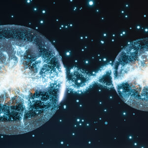 Futuristic 3D Animation of Two Glowing Quantum Spheres Connecting Through Dynamic Particles, Illustrating Quantum Entanglement.